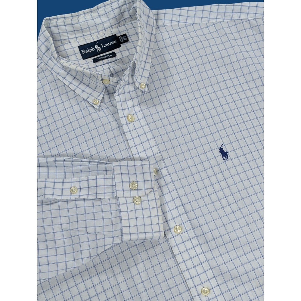 Vintage Ralph Lauren Shirt Men's XL 17 White Blue Check Yarmouth Button Down